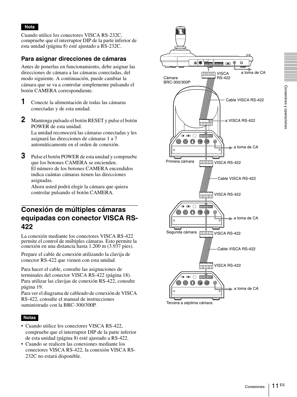 Conexión de múltiples cámaras equipadas con, Conector visca rs-422, Para asignar direcciones de cámaras | Nota, Notas | Vaddio Sony RMBR-300 Tech User Manual | Page 47 / 76