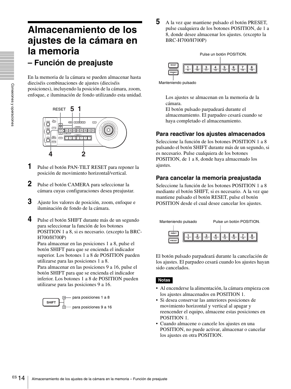 Función de preajuste, Para reactivar los ajustes almacenados, Notas | Reset, Pulse un botón position. manteniendo pulsado | Vaddio Sony RMBR-300 Tech User Manual | Page 50 / 76