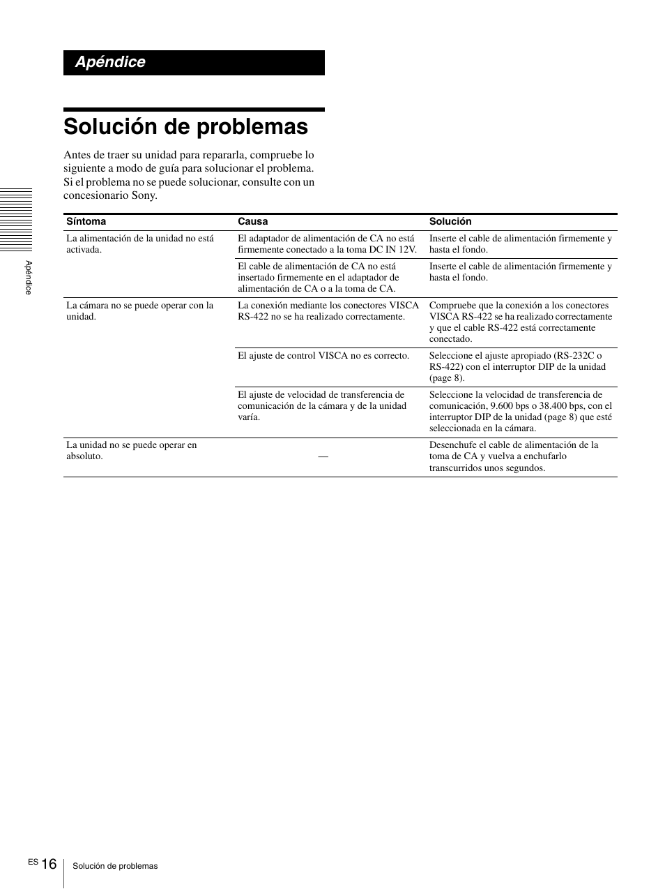 Apéndice, Solución de problemas | Vaddio Sony RMBR-300 Tech User Manual | Page 52 / 76