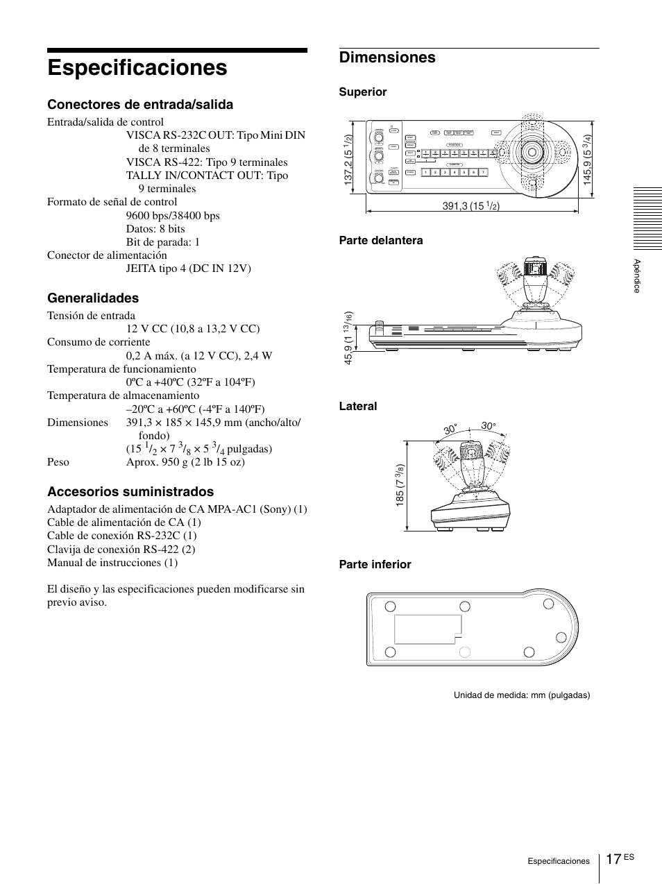 Especificaciones, Dimensiones, Conectores de entrada/salida | Generalidades, Accesorios suministrados, Parte delantera parte inferior lateral superior | Vaddio Sony RMBR-300 Tech User Manual | Page 53 / 76
