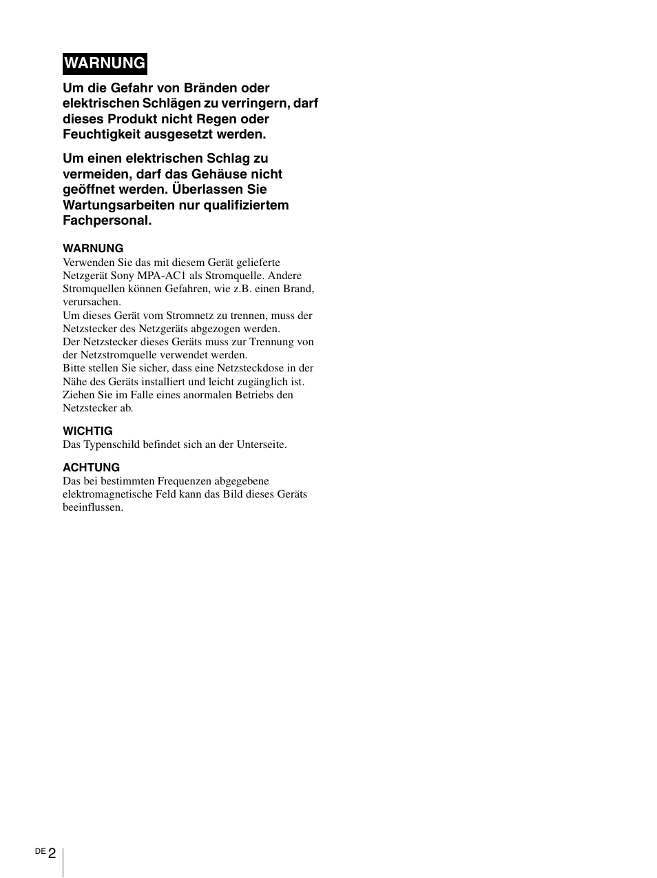 Warnung | Vaddio Sony RMBR-300 Tech User Manual | Page 56 / 76
