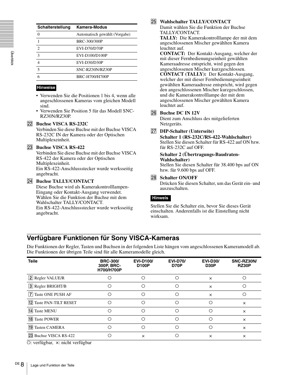 Verfügbare funktionen für sony visca-kameras, Verfügbare funktionen für sony, Visca-kameras | Vaddio Sony RMBR-300 Tech User Manual | Page 62 / 76