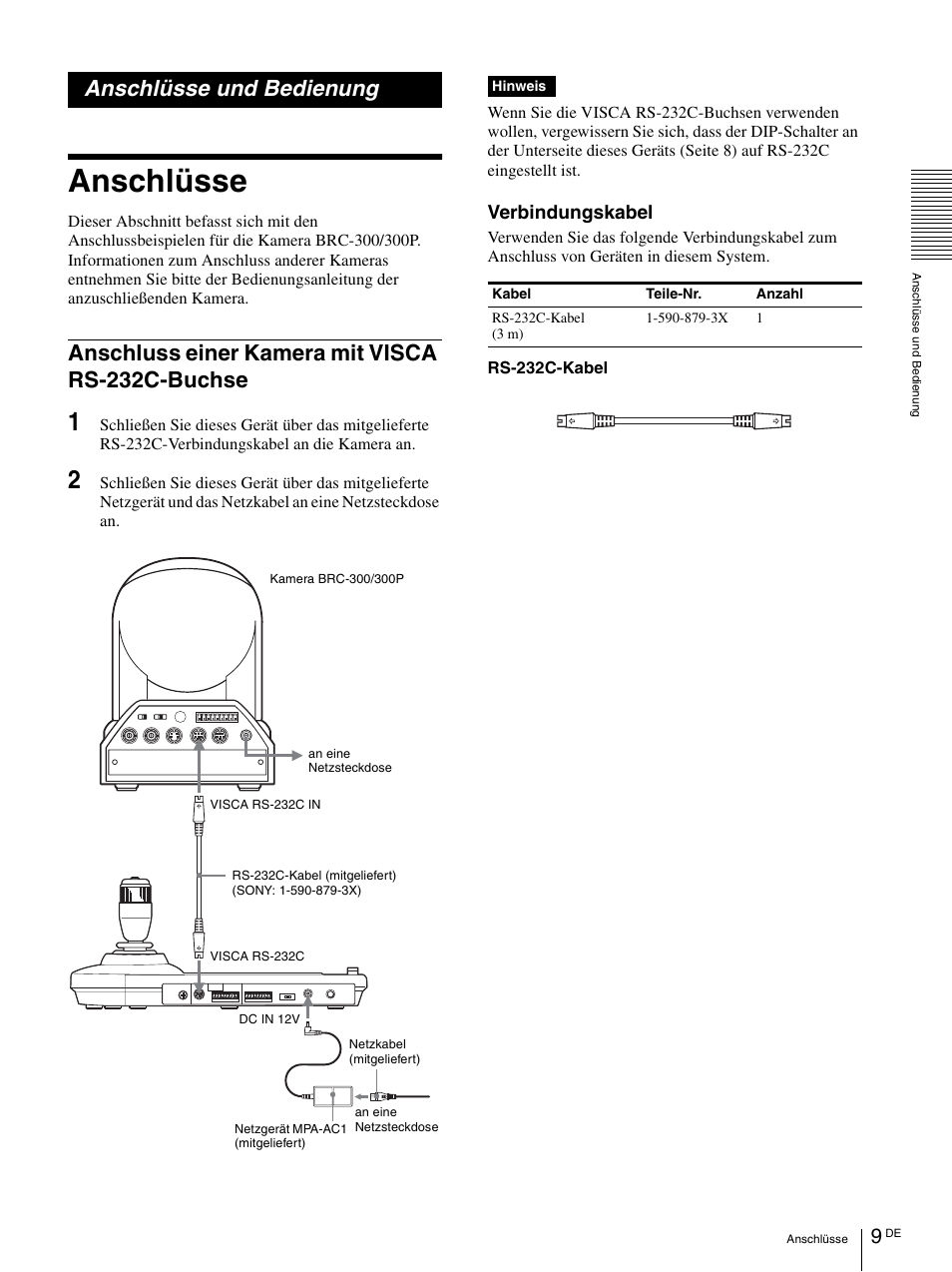 Anschlüsse und bedienung, Anschlüsse, Anschluss einer kamera mit visca rs-232c-buchse | Anschluss einer kamera mit, Visca rs-232c-buchse, Verbindungskabel | Vaddio Sony RMBR-300 Tech User Manual | Page 63 / 76