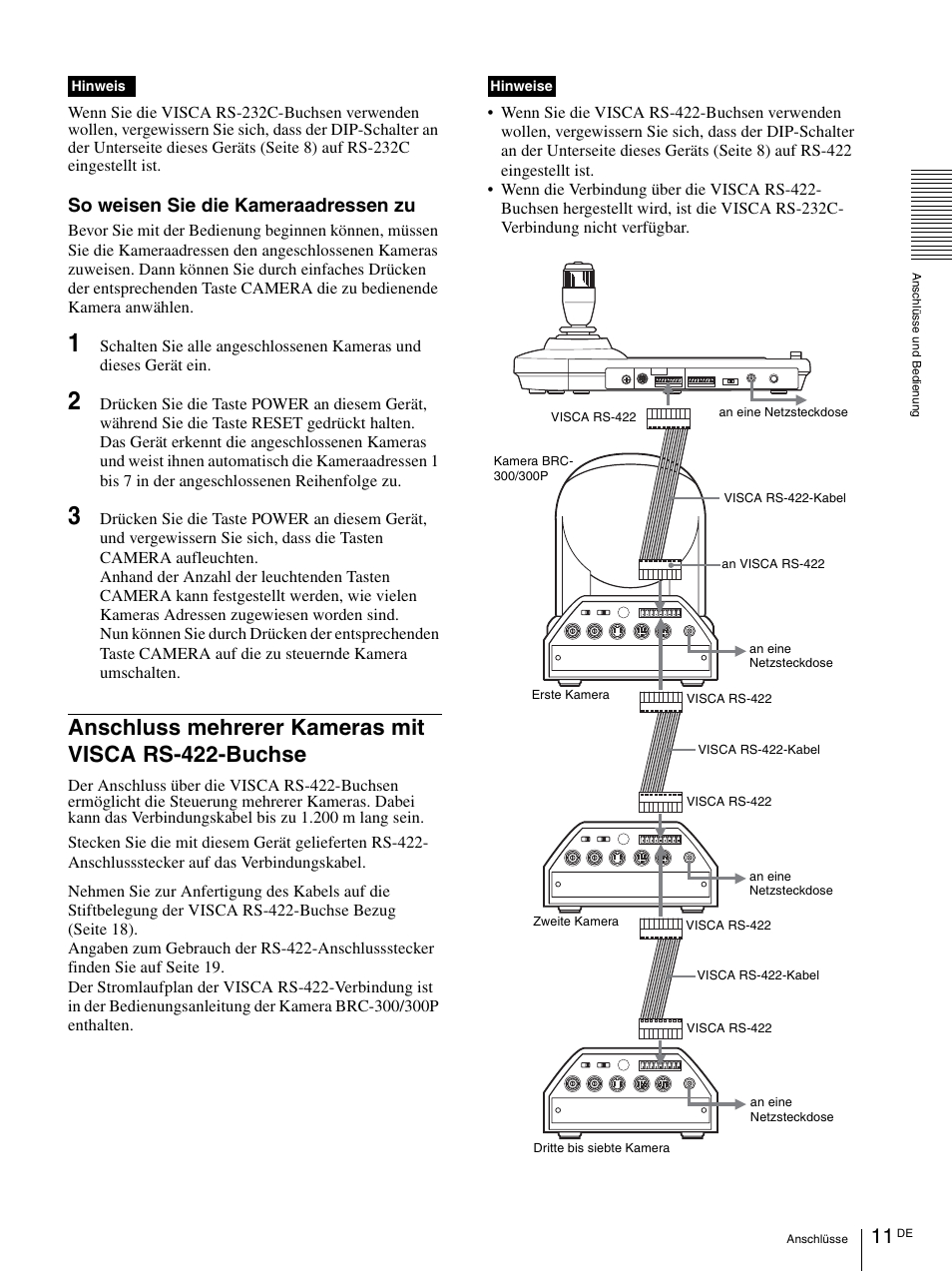 Anschluss mehrerer kameras mit visca rs-422-buchse, Anschluss mehrerer kameras mit, Visca rs-422-buchse | So weisen sie die kameraadressen zu, Hinweis, Hinweise | Vaddio Sony RMBR-300 Tech User Manual | Page 65 / 76