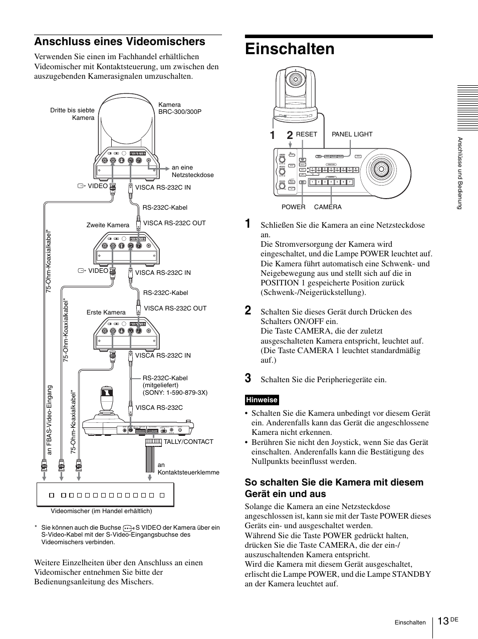 Anschluss eines videomischers, Einschalten, Schalten sie die peripheriegeräte ein | Hinweise, Panel light power camera reset | Vaddio Sony RMBR-300 Tech User Manual | Page 67 / 76