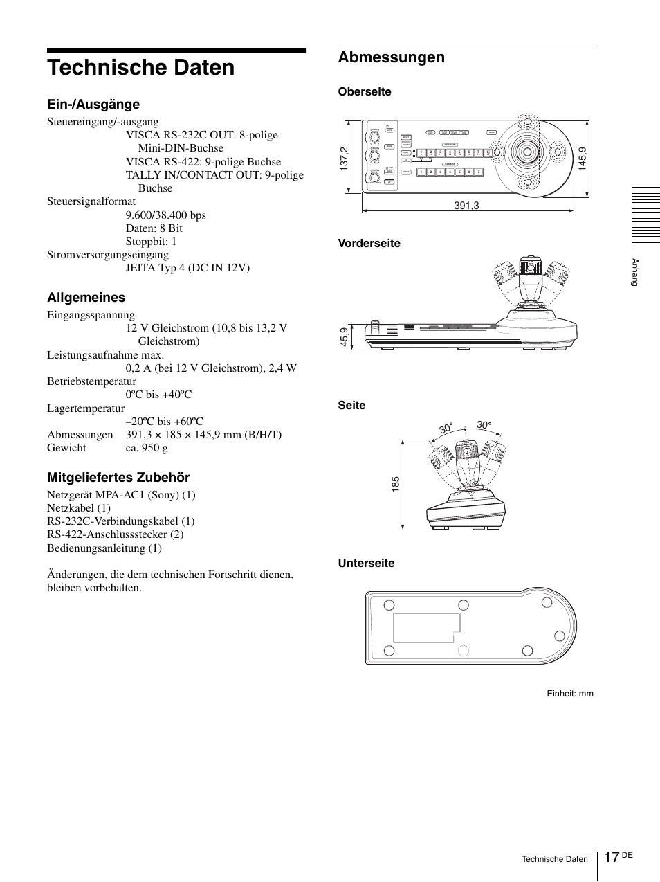 Technische daten, Abmessungen, Ein-/ausgänge | Allgemeines, Mitgeliefertes zubehör, Vorderseite unterseite seite oberseite, Einheit: mm | Vaddio Sony RMBR-300 Tech User Manual | Page 71 / 76