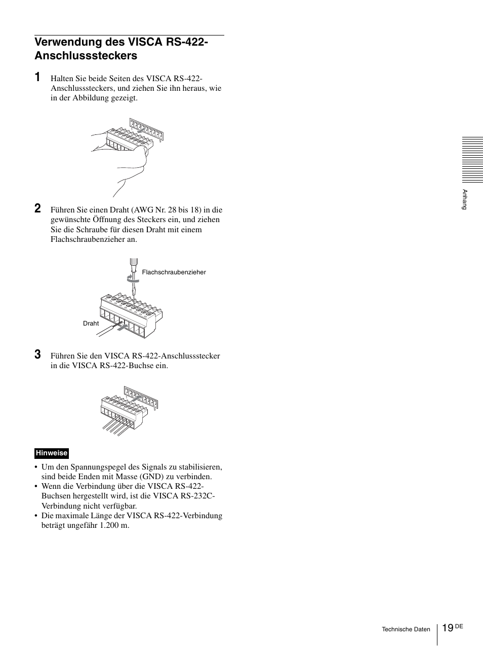Verwendung des visca rs-422- anschlusssteckers, Verwendung des visca rs-422, Anschlusssteckers | Vaddio Sony RMBR-300 Tech User Manual | Page 73 / 76