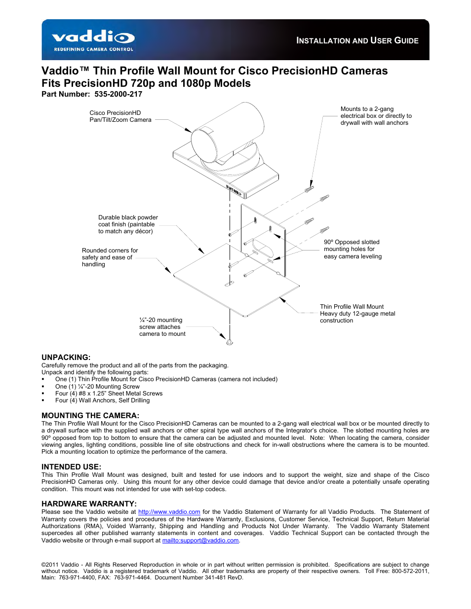Vaddio Thin Profile Wall Mount Bracket for CISCO Precision HD User Manual | 1 page