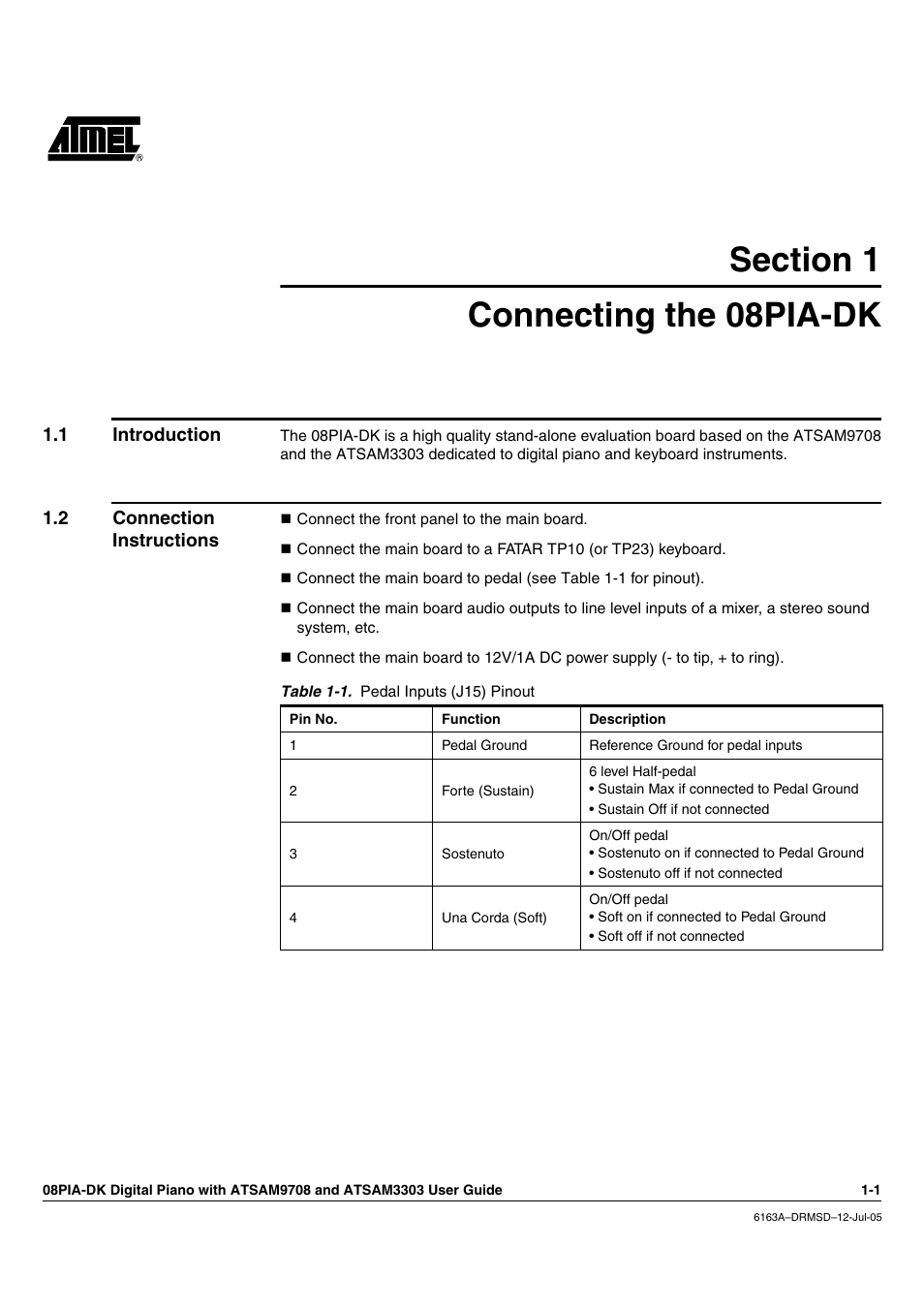 Section 1, Connecting the 08pia-dk, 1 introduction | 2 connection instructions | Atmel 08PIA-DK User Manual | Page 5 / 13