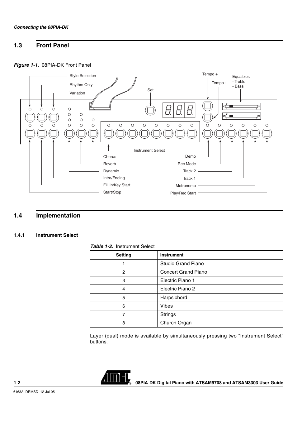 3 front panel, 4 implementation, 1 instrument select | Front panel -2, Implementation -2 | Atmel 08PIA-DK User Manual | Page 6 / 13