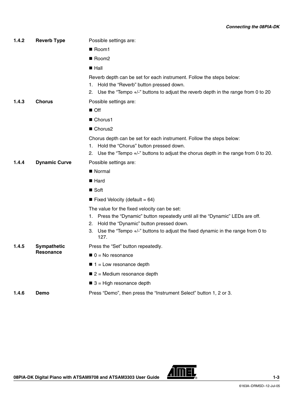 2 reverb type, 3 chorus, 4 dynamic curve | 5 sympathetic resonance, 6 demo | Atmel 08PIA-DK User Manual | Page 7 / 13