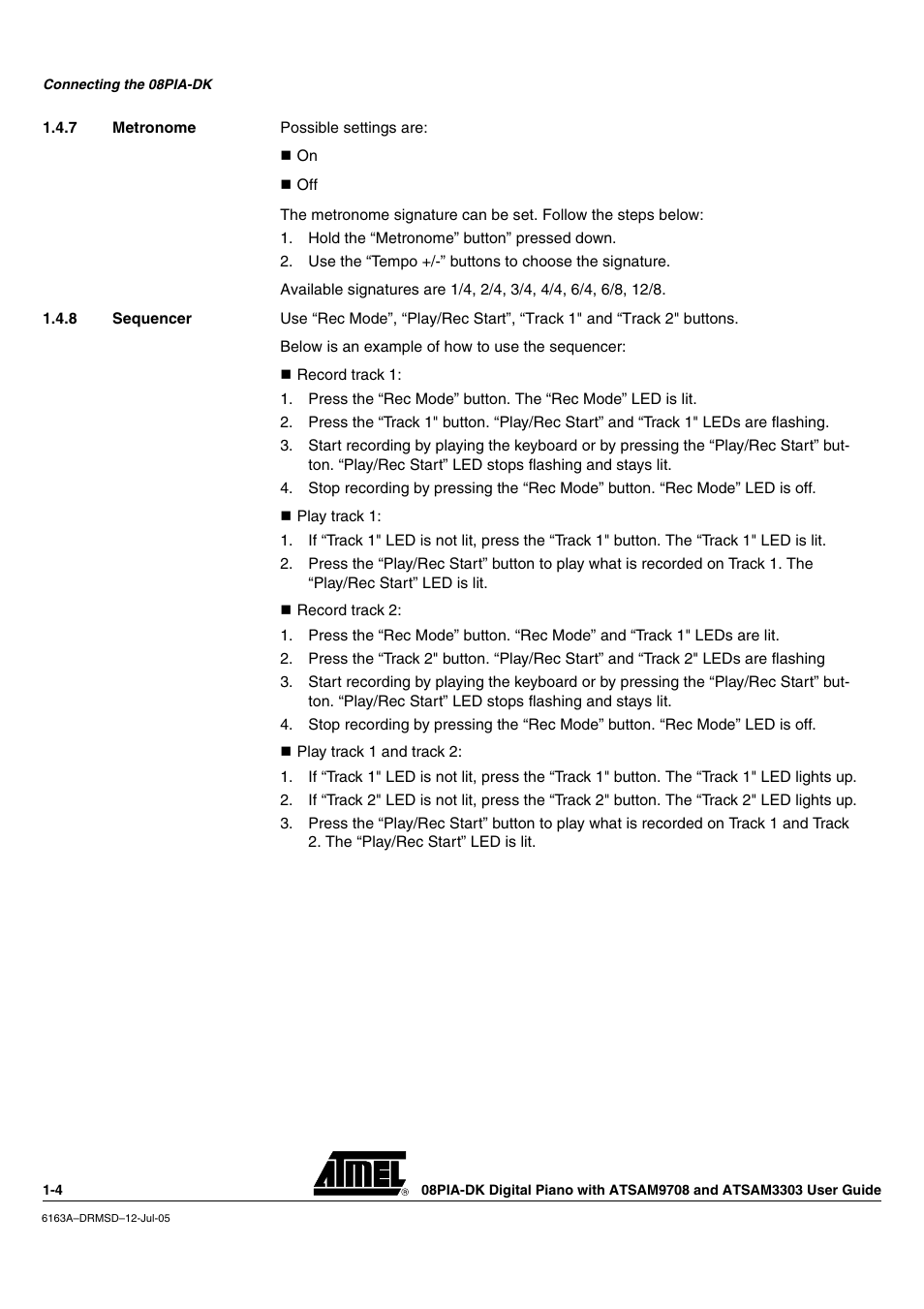 7 metronome, 8 sequencer | Atmel 08PIA-DK User Manual | Page 8 / 13