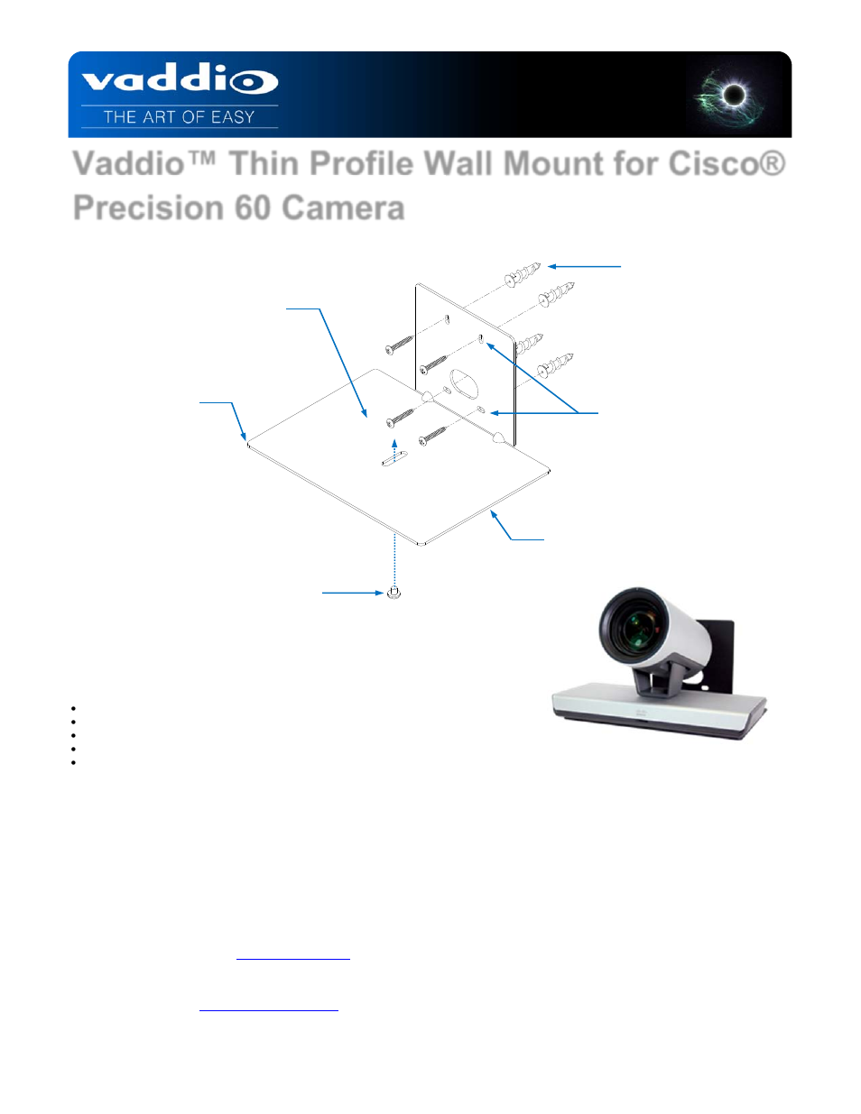 Vaddio Thin Profile Wall Mount for Cisco Precision 60 User Manual | 1 page