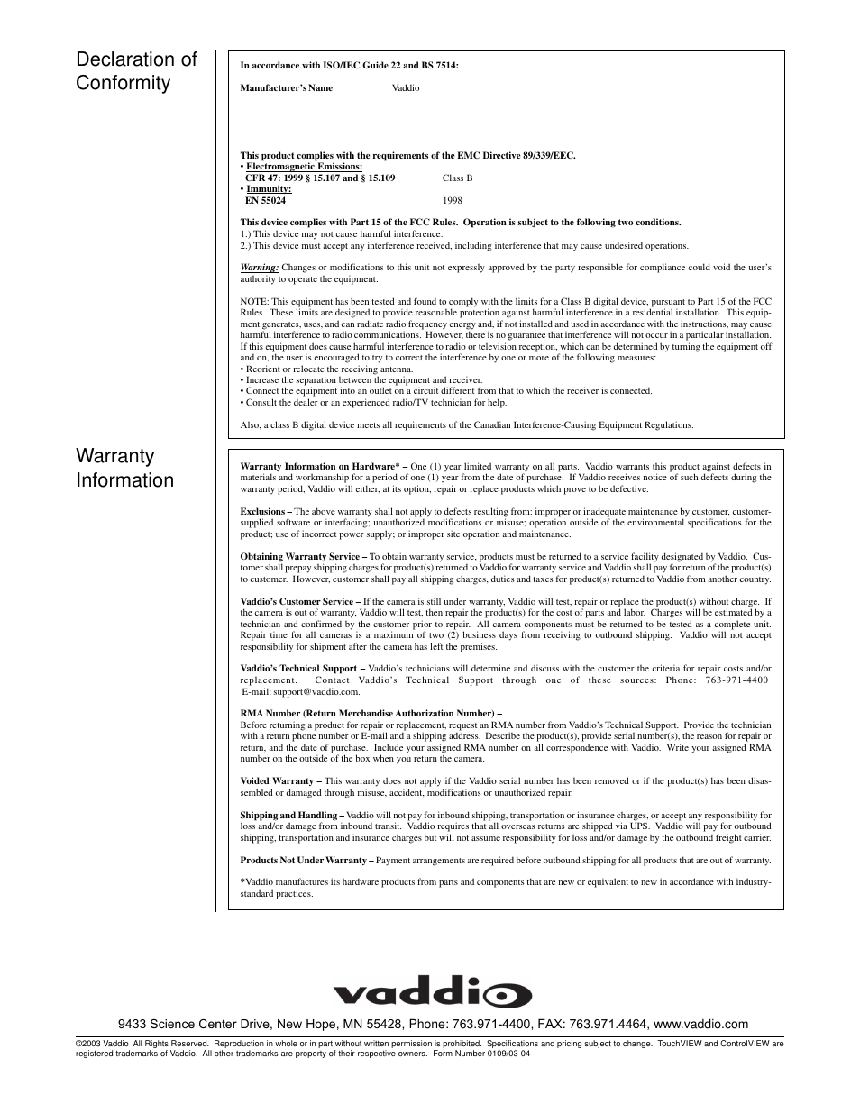 Warranty information, Declaration of conformity | Vaddio TouchVIEW User Manual | Page 4 / 4