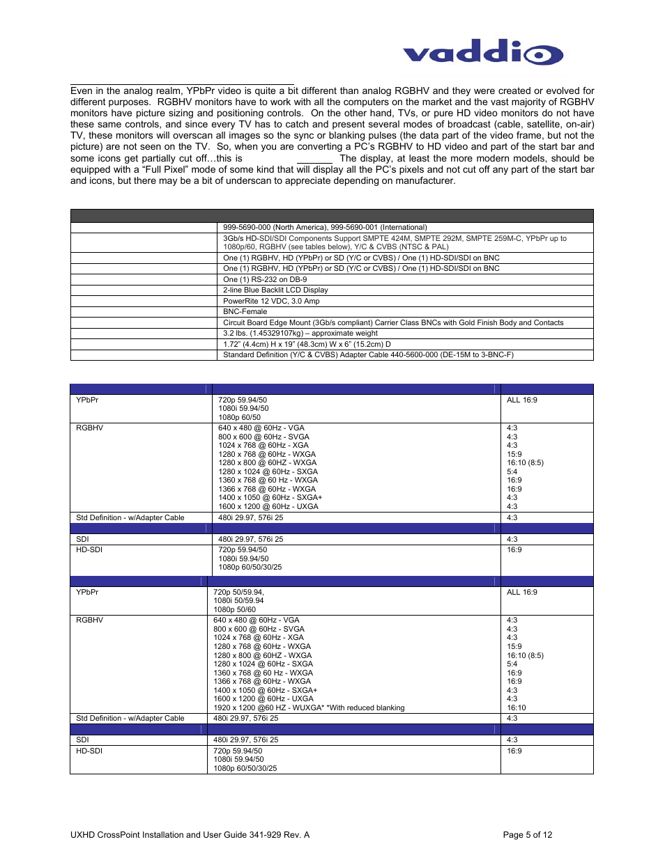 Technical specifications, Uxhd crosspoint resolution tables, Uxhd crosspoint | Vaddio UXHD CrossPoint User Manual | Page 5 / 12