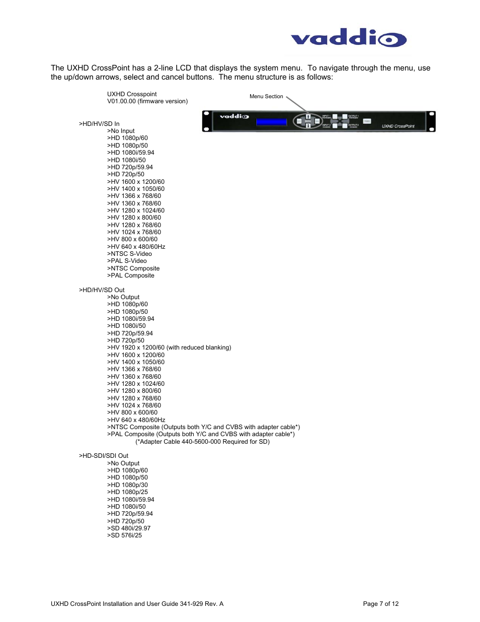 Uxhd crosspoint menu structure | Vaddio UXHD CrossPoint User Manual | Page 7 / 12