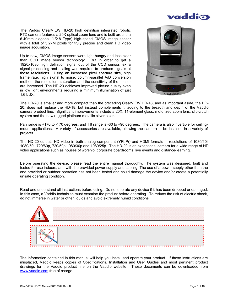 Overview, Intended use, Important safeguards | Save these instructions | Vaddio ClearVIEW HD-20 User Manual | Page 3 / 16