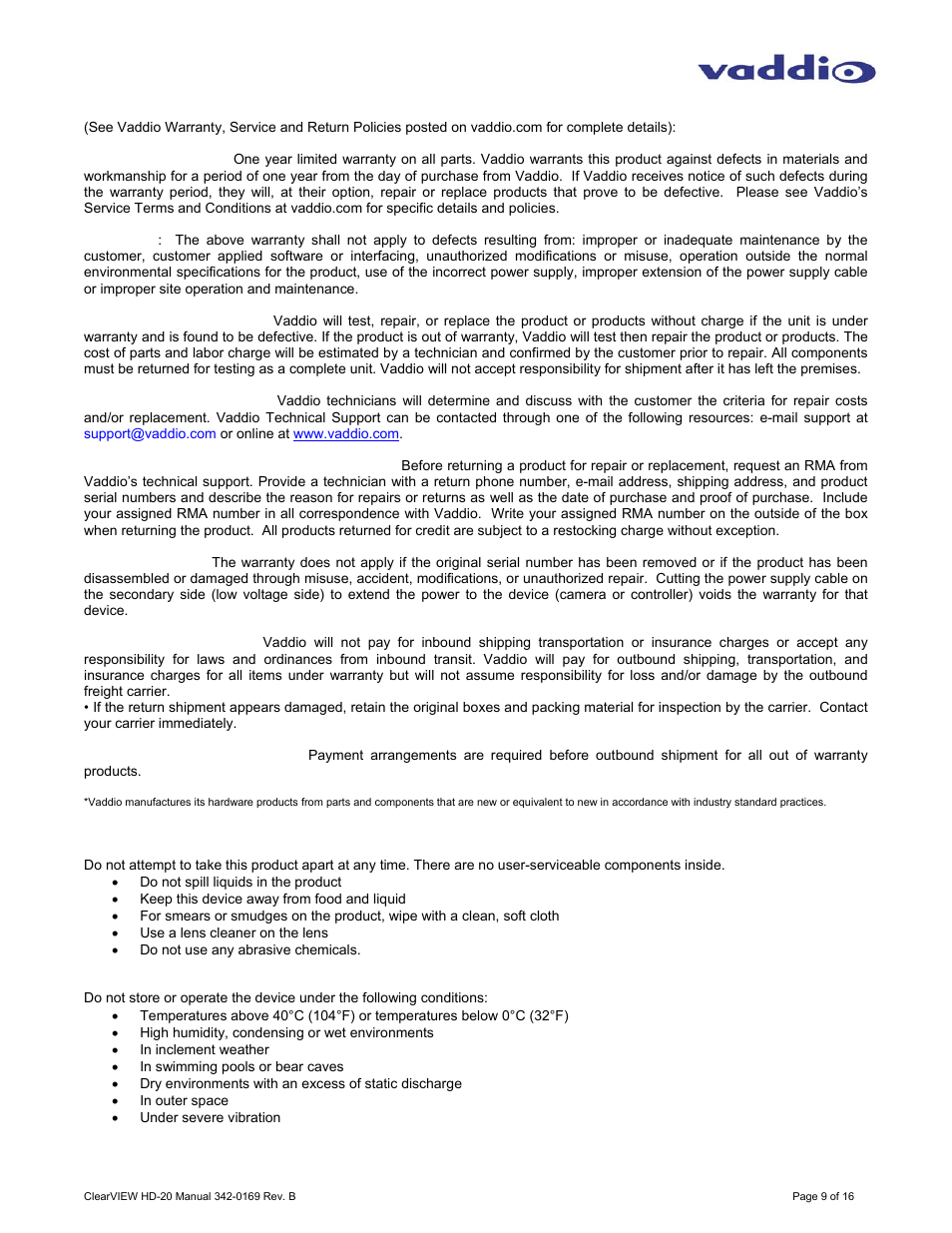 Warranty information | Vaddio ClearVIEW HD-20 User Manual | Page 9 / 16