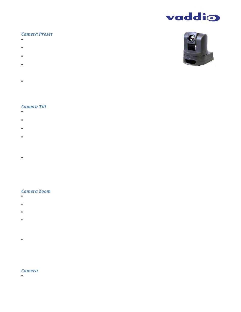 Camera preset, Camera tilt, Camera zoom | Camera | Vaddio ClearVIEW HD-USB User Manual | Page 31 / 36