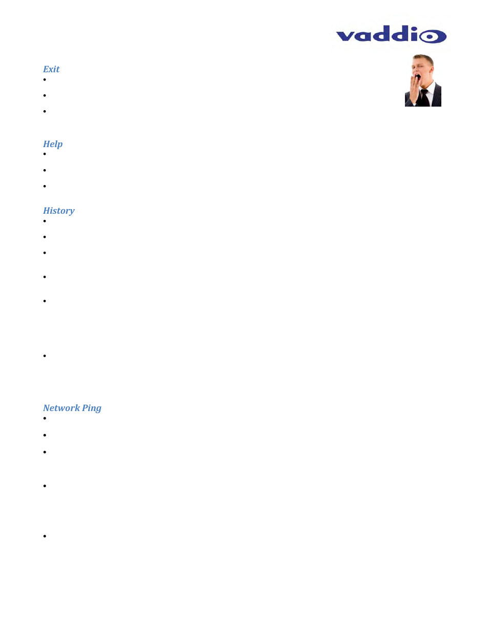 Exit, Help, History | Network ping | Vaddio ClearVIEW HD-USB User Manual | Page 32 / 36