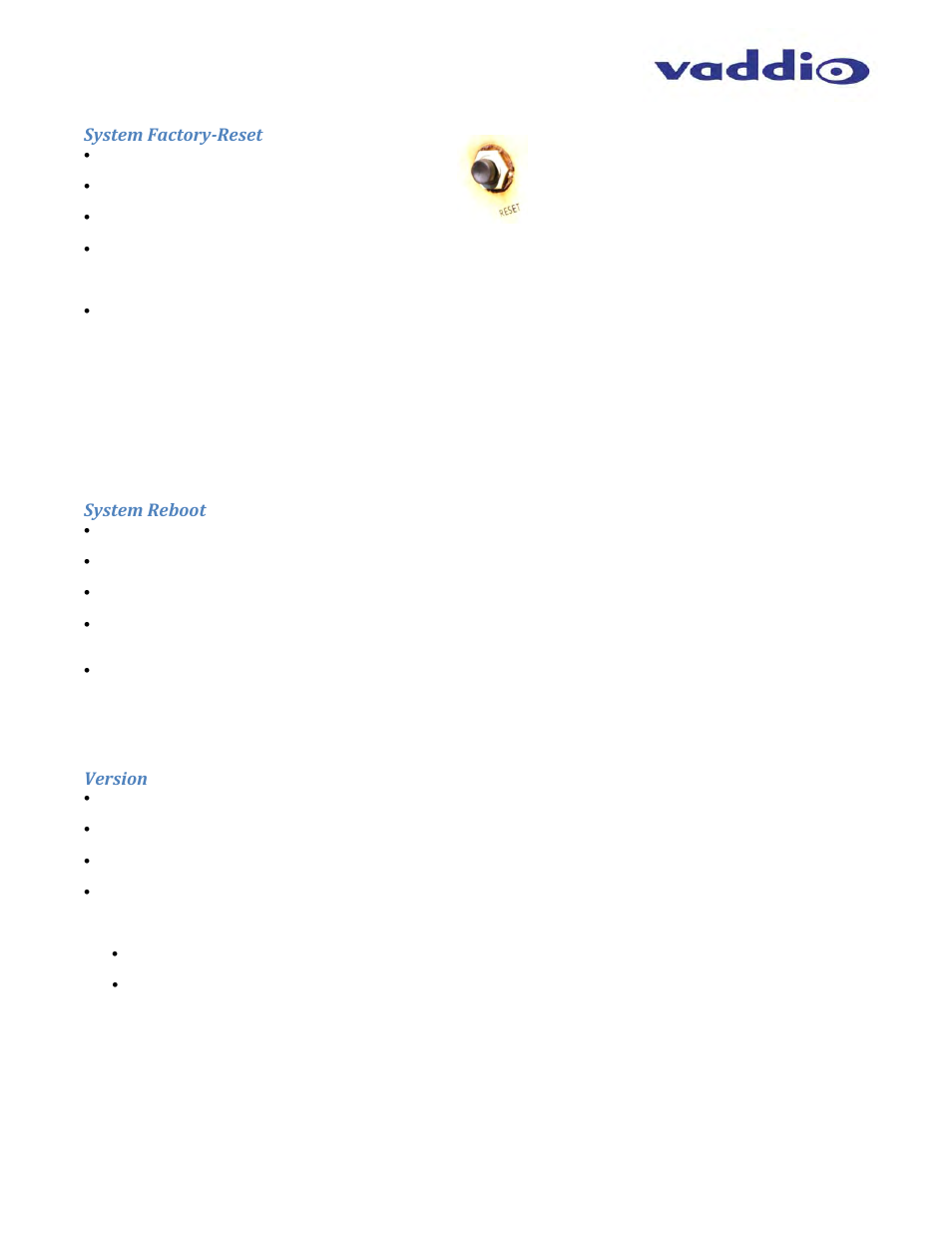 System factory‐reset, System reboot, Version | Vaddio ClearVIEW HD-USB User Manual | Page 35 / 36