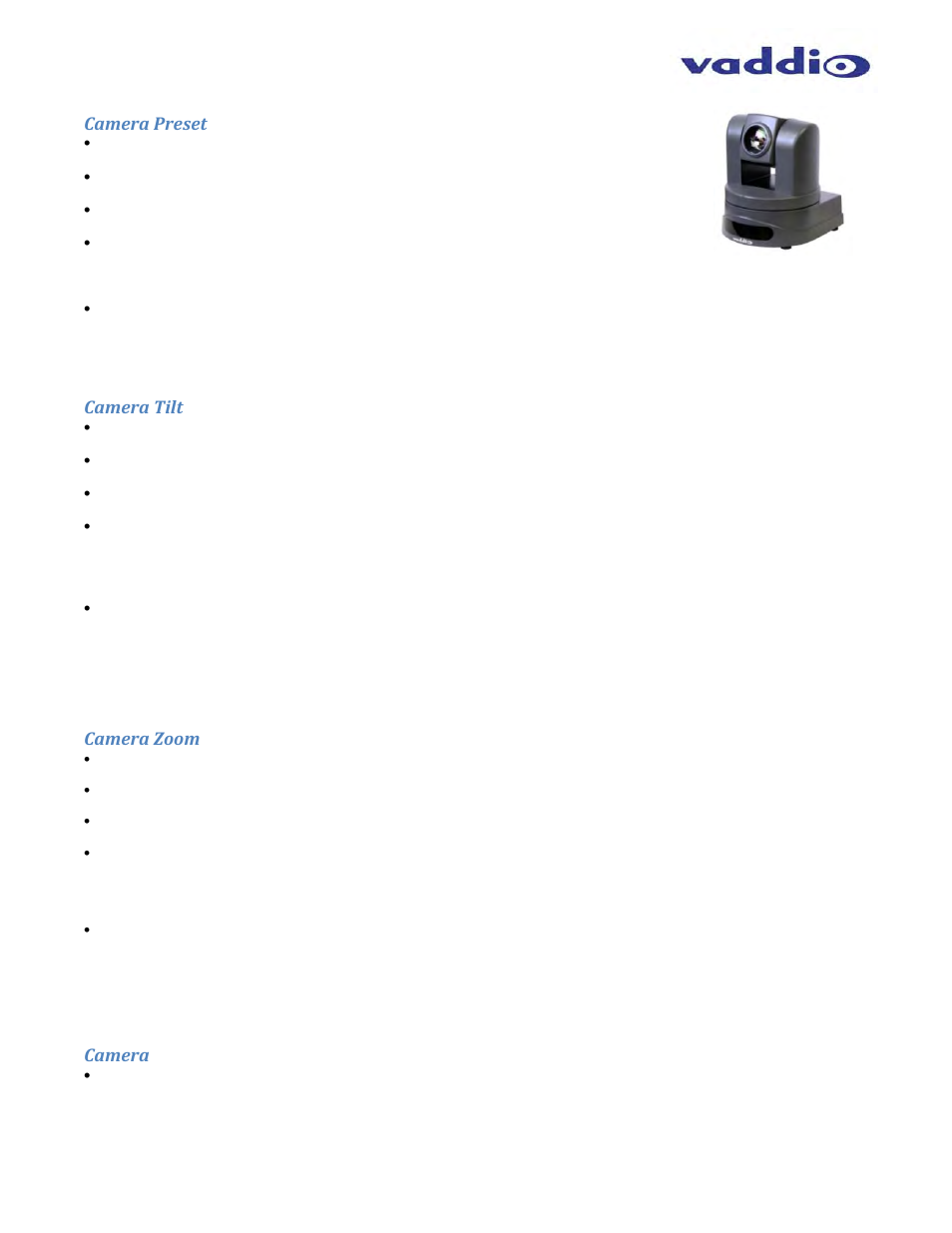 Camera preset, Camera tilt, Camera zoom | Camera | Vaddio ClearVIEW HD-USB PRO User Manual | Page 35 / 40