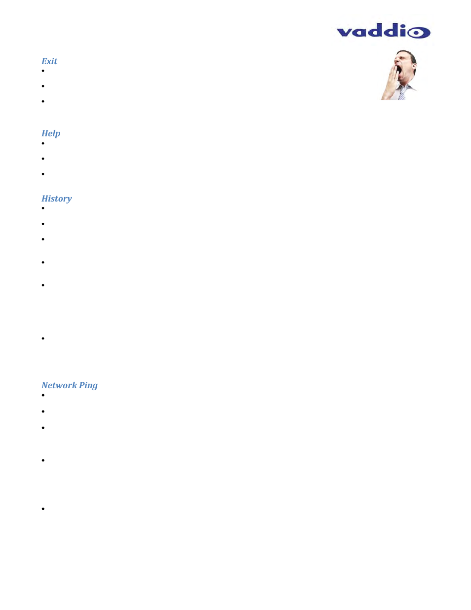 Exit, Help, History | Network ping | Vaddio ClearVIEW HD-USB PRO User Manual | Page 36 / 40