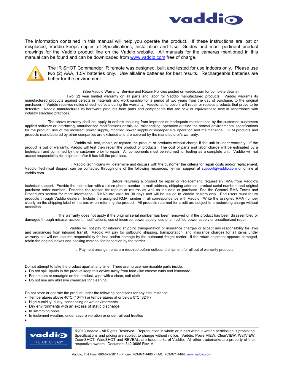 Warranty information | Vaddio IR SHOT Commander Remote User Manual | Page 2 / 2