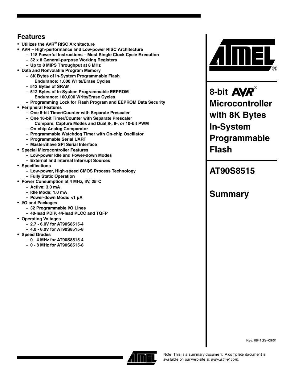 Atmel AVR AT90S8515-4 User Manual | 13 pages