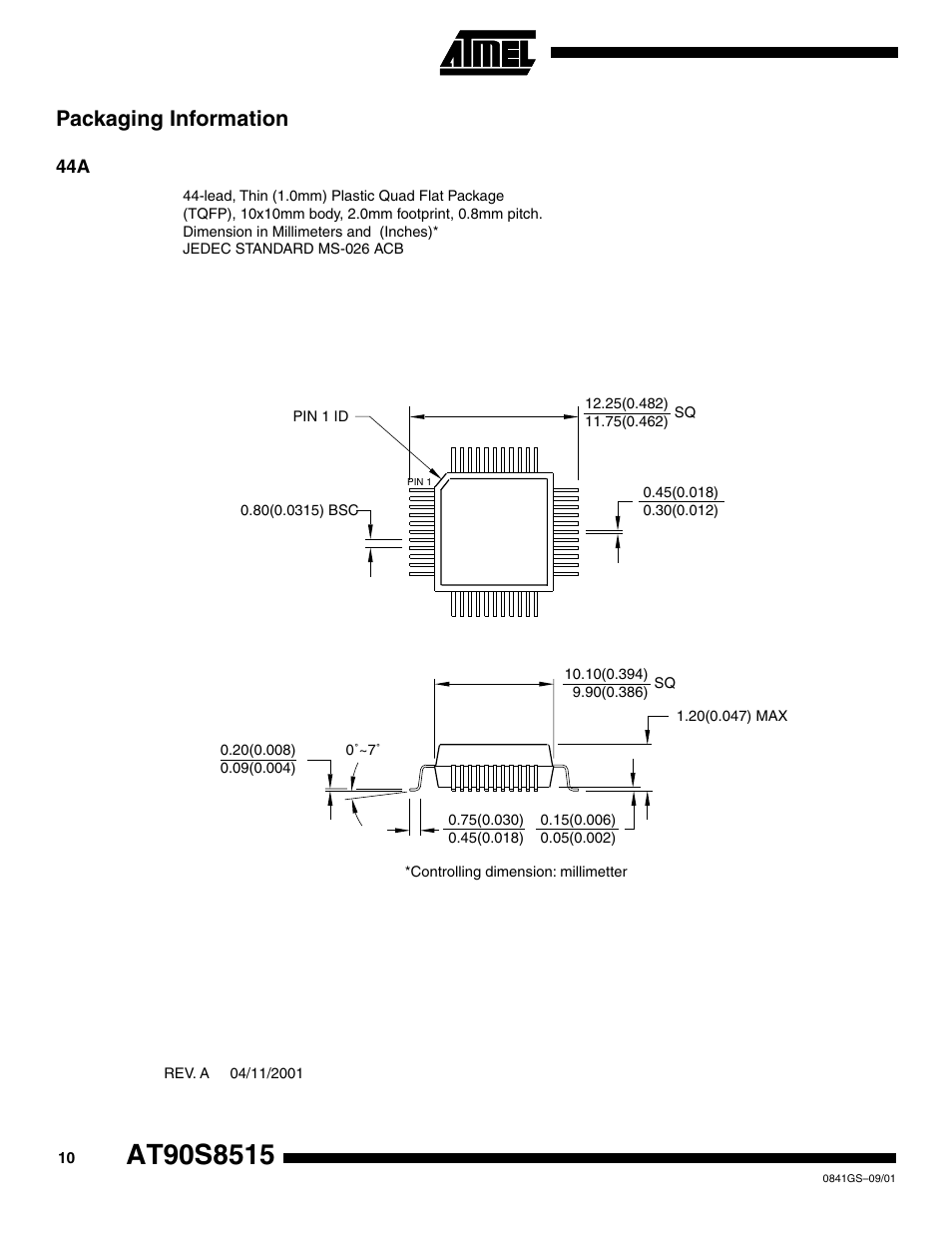 Packaging information | Atmel AVR AT90S8515-4 User Manual | Page 10 / 13