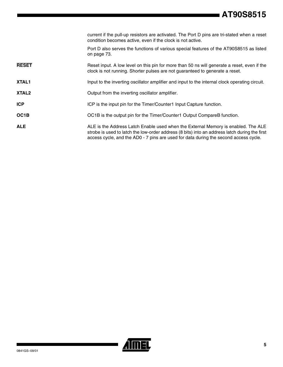 Reset, Xtal1, Xtal2 | Oc1b | Atmel AVR AT90S8515-4 User Manual | Page 5 / 13