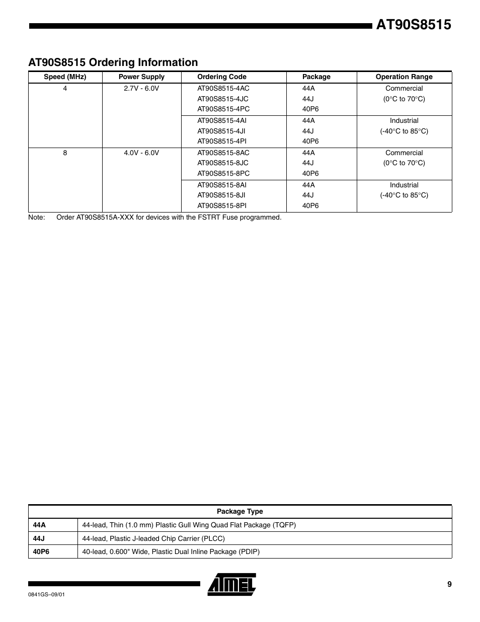 At90s8515 ordering information | Atmel AVR AT90S8515-4 User Manual | Page 9 / 13
