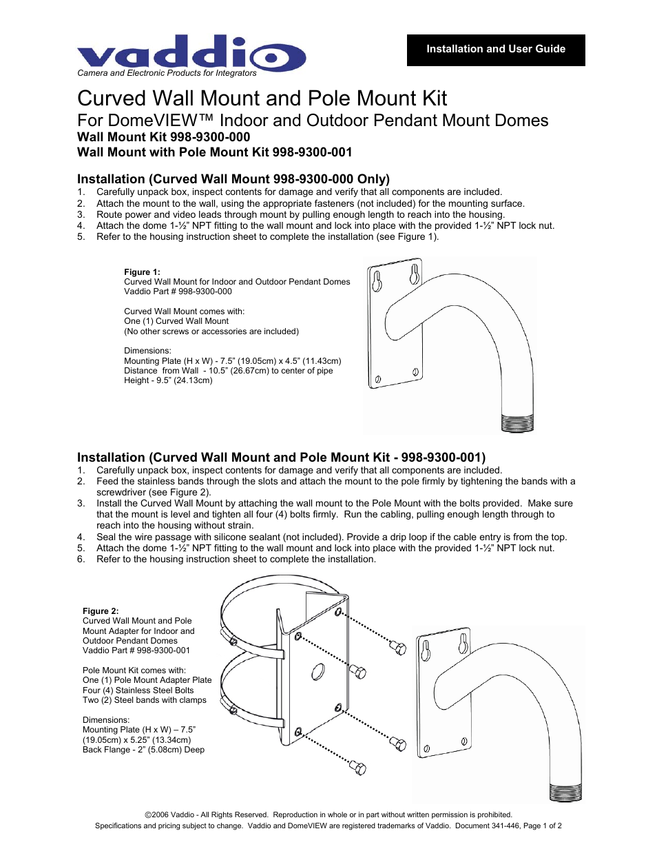 Vaddio Wall Mount and Pole Mount User Manual | 2 pages