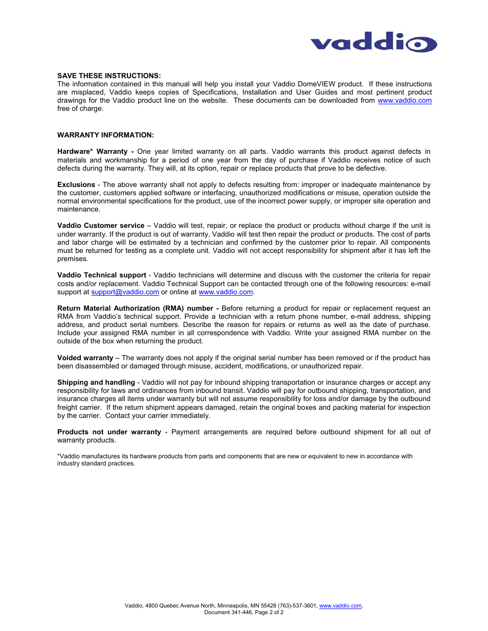 Vaddio Wall Mount and Pole Mount User Manual | Page 2 / 2