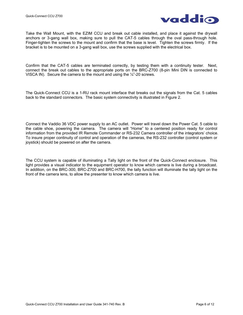 Vaddio WallVIEW CCU Z700 Quick-Connect User Manual | Page 6 / 12