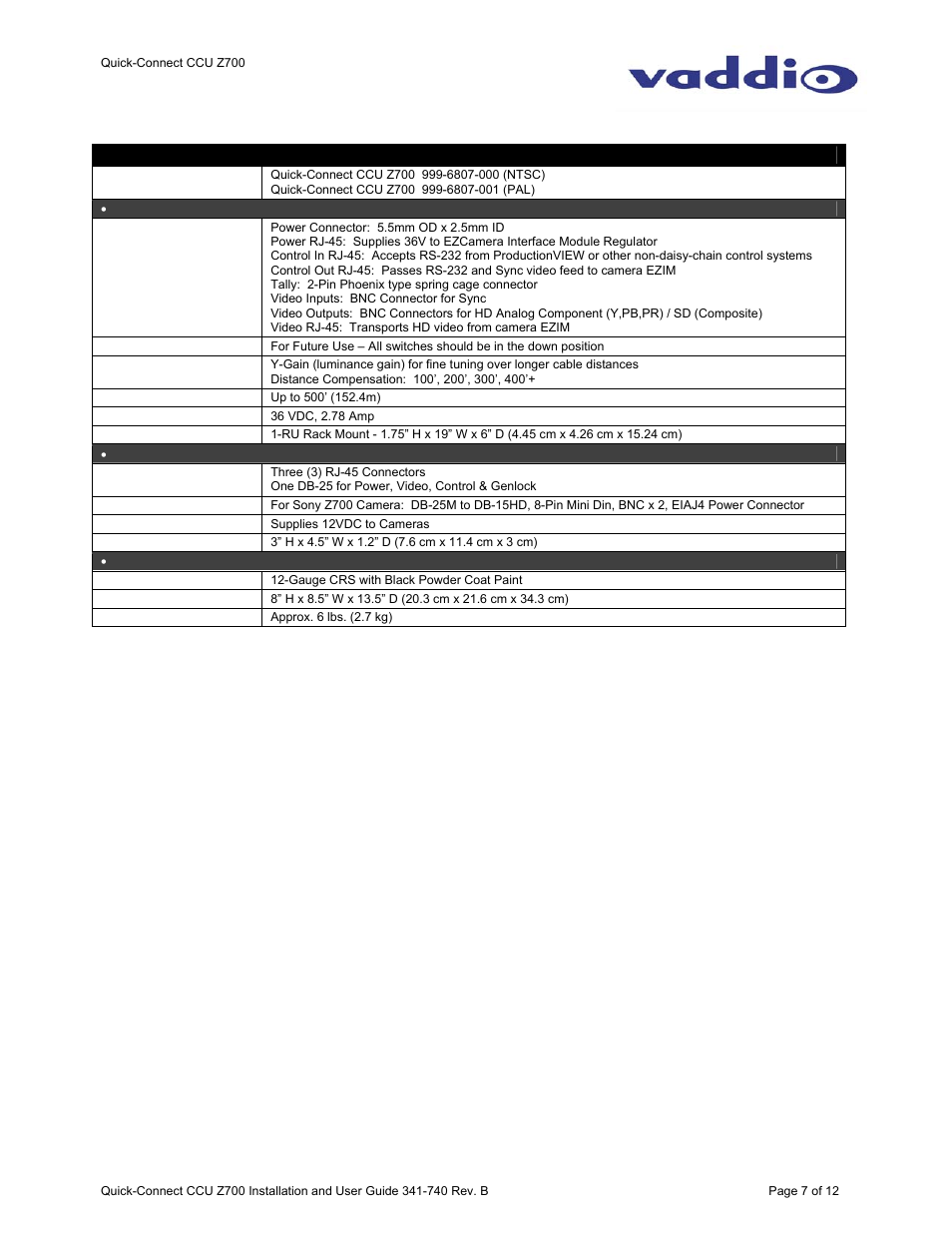 General specifications | Vaddio WallVIEW CCU Z700 Quick-Connect User Manual | Page 7 / 12