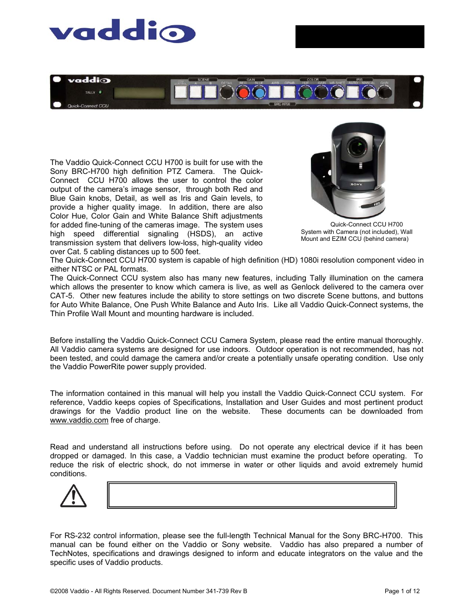 Vaddio WallVIEW H700 Quick-Connect CCU User Manual | 12 pages