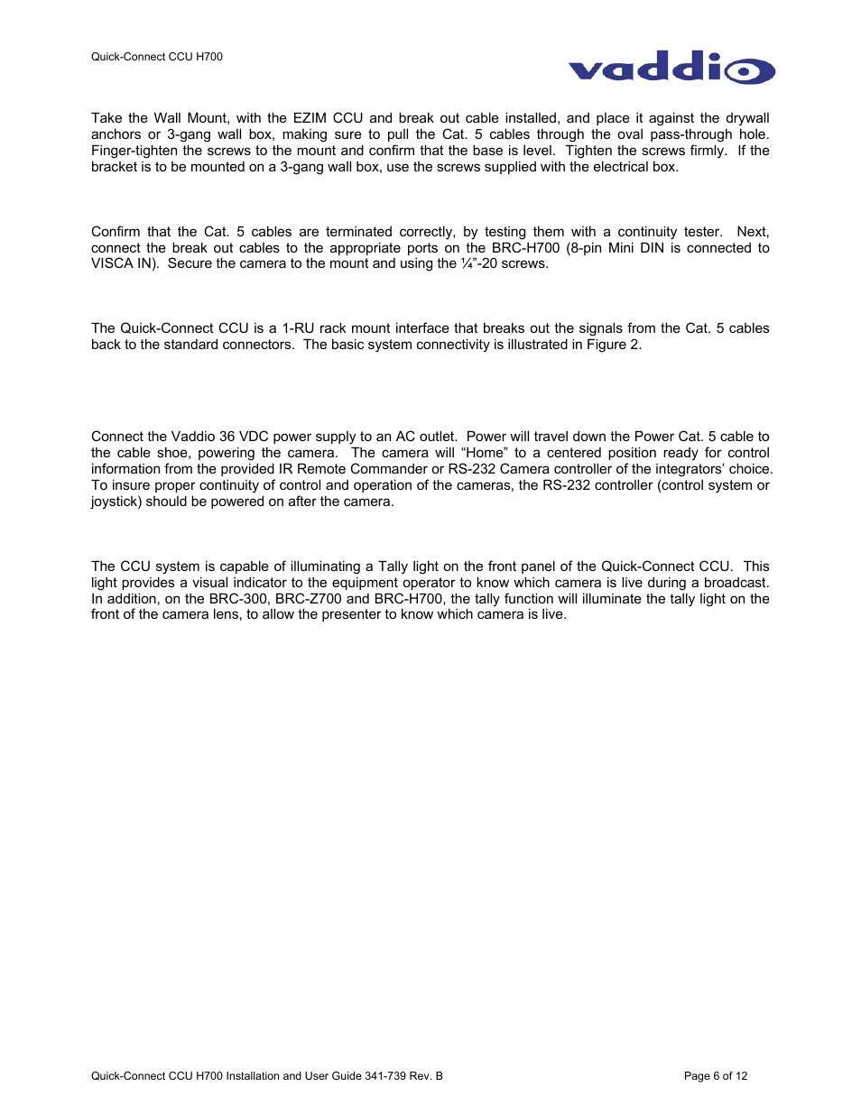 Vaddio WallVIEW H700 Quick-Connect CCU User Manual | Page 6 / 12