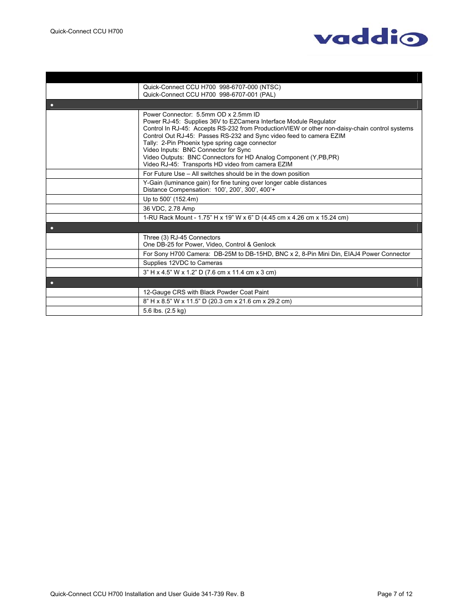 General specifications | Vaddio WallVIEW H700 Quick-Connect CCU User Manual | Page 7 / 12