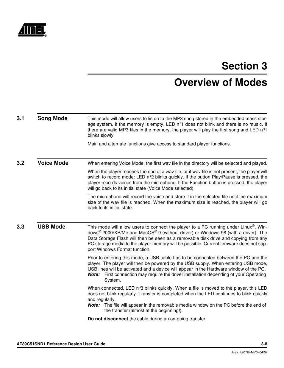 Section 3, Overview of modes, 1 song mode | 2 voice mode, 3 usb mode, Section 3 overview of modes, Song mode, Voice mode, Usb mode | Atmel AT89C51SND1 User Manual | Page 10 / 13