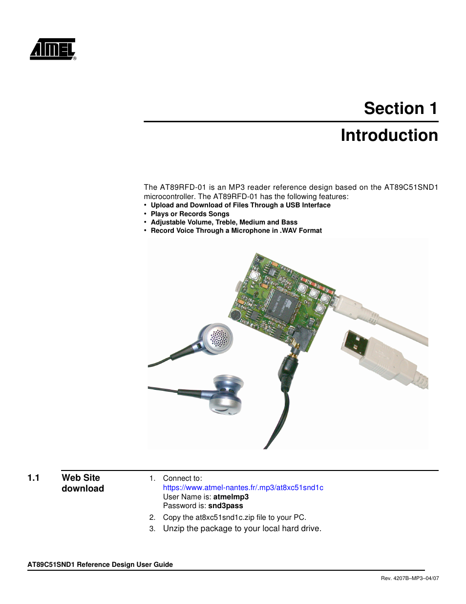 Section 1, Introduction, 1 web site download | Section 1 introduction, Web site download | Atmel AT89C51SND1 User Manual | Page 3 / 13