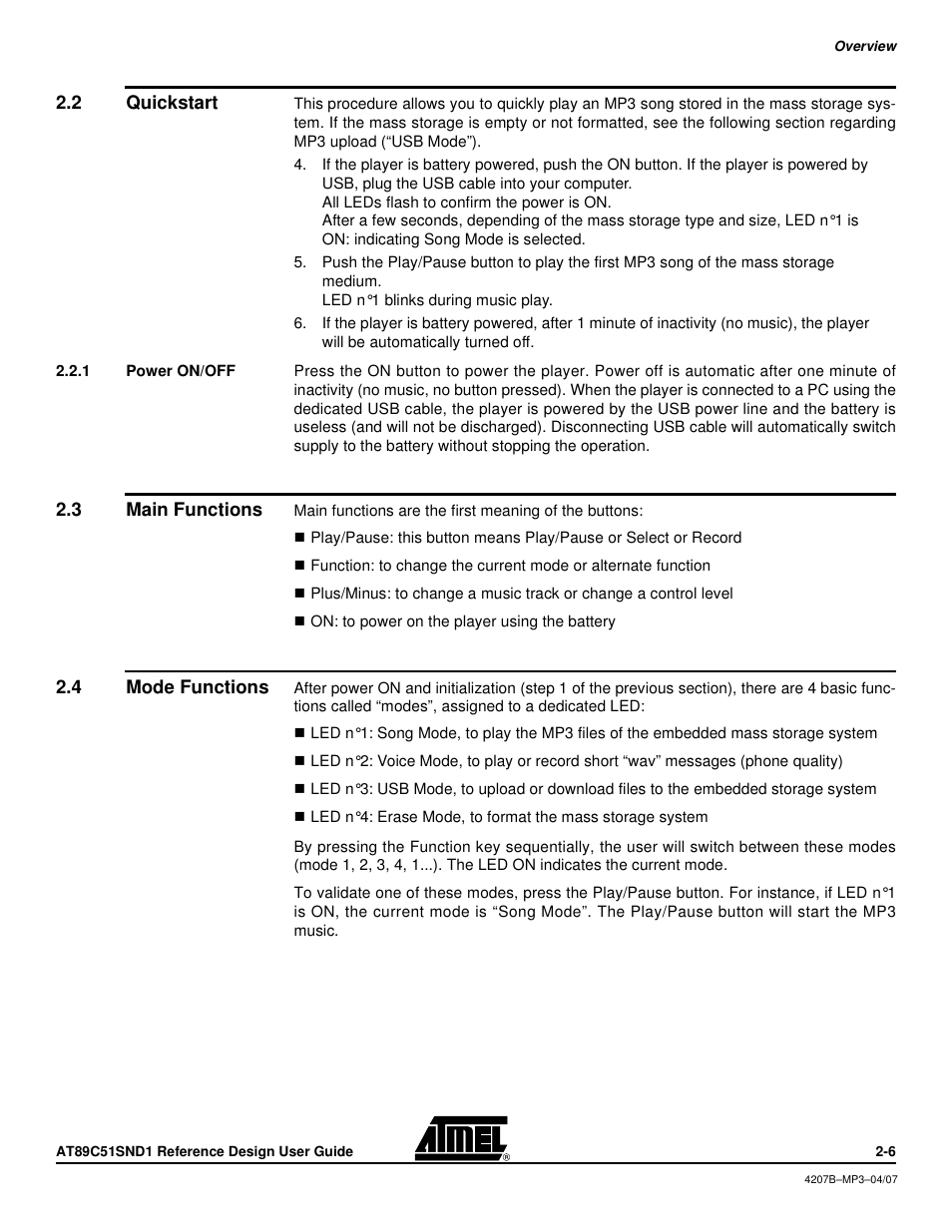 2 quickstart, 1 power on/off, 3 main functions | 4 mode functions, Quickstart, Power on/off, Main functions, Mode functions | Atmel AT89C51SND1 User Manual | Page 8 / 13