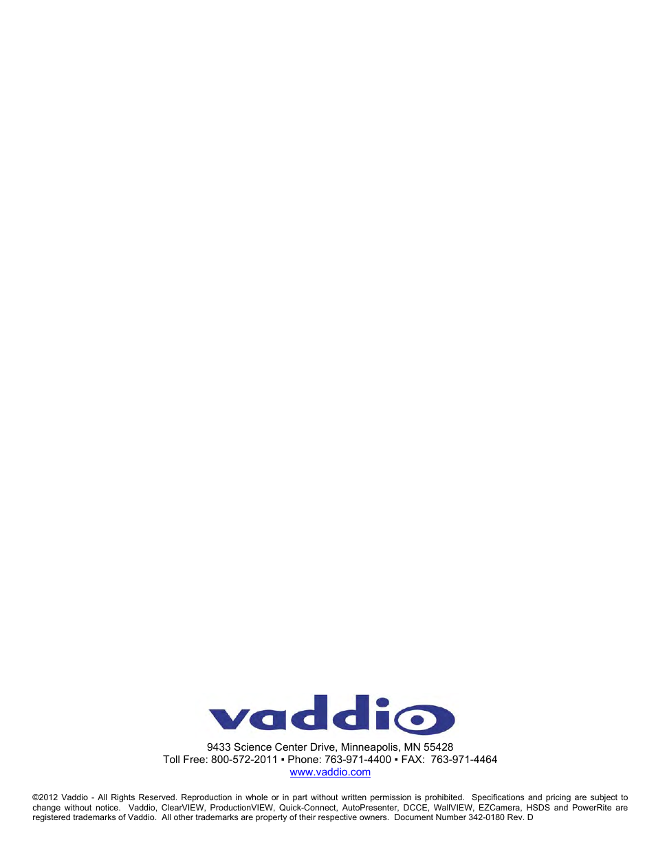 Vaddio WallVIEW HD-20 DVI/HDMI User Manual | Page 20 / 20