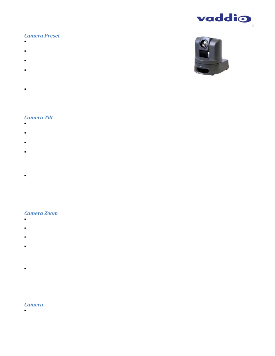 Camera preset, Camera tilt, Camera zoom | Camera | Vaddio WallVIEW HD-USB SR User Manual | Page 35 / 40