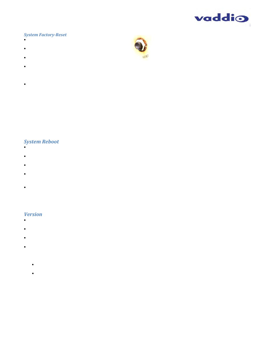 System reboot, Version | Vaddio WallVIEW HD-USB SR User Manual | Page 39 / 40