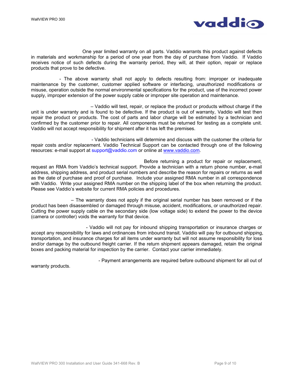 Vaddio WallVIEW PRO 300 User Manual | Page 9 / 10