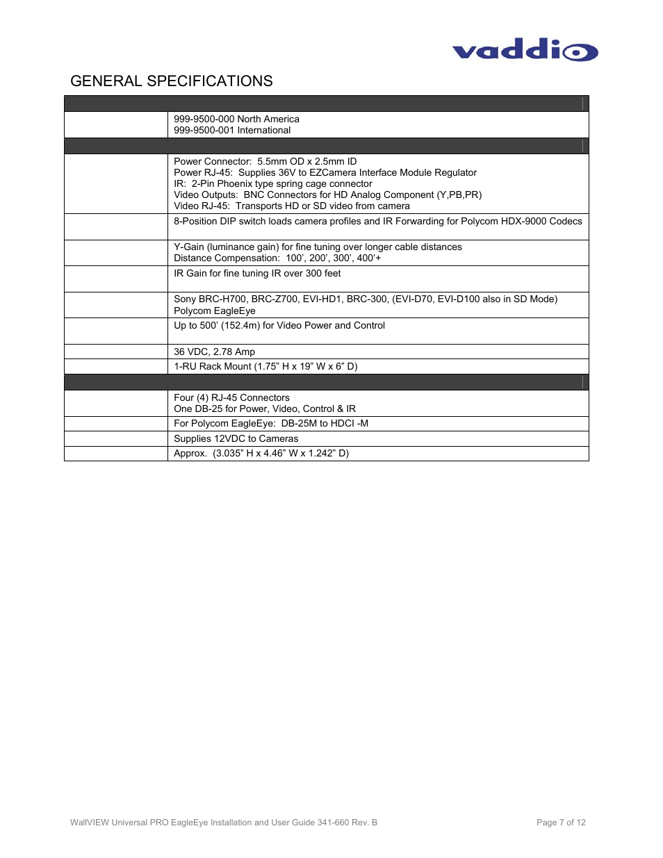 General specifications | Vaddio WallVIEW Pro EagleEye User Manual | Page 7 / 12