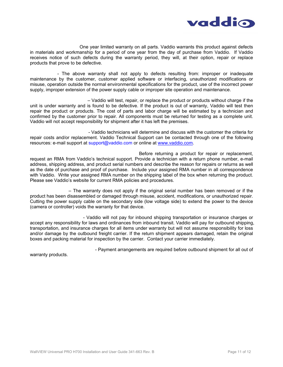 Vaddio WallVIEW PRO H700 User Manual | Page 11 / 12