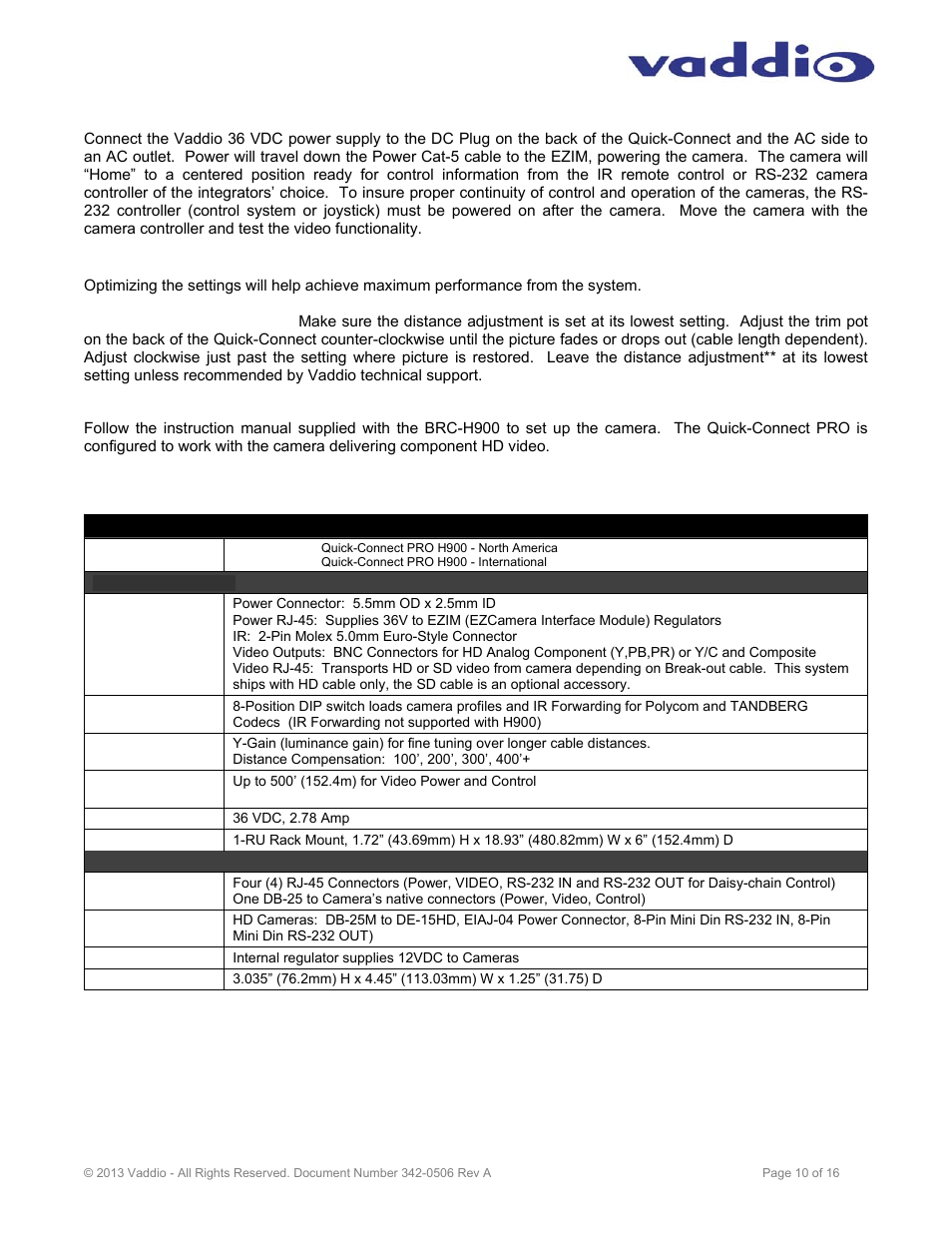 Optimizing system performance, General specifications | Vaddio WallVIEW PRO H900 User Manual | Page 10 / 16