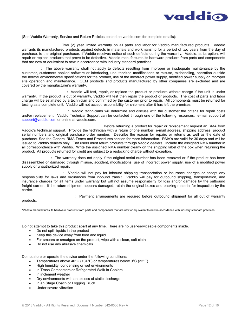 Warranty information | Vaddio WallVIEW PRO H900 User Manual | Page 12 / 16